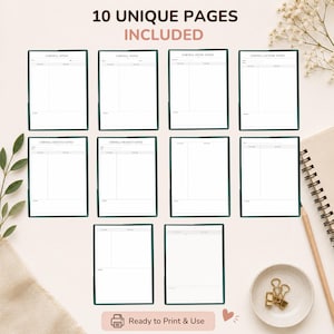 May include: A collection of 10 unique Cornell note-taking pages with dark green borders. Each page features a structured layout for subject, topic, date, cues, notes, and summary sections. The text 10 UNIQUE PAGES INCLUDED is at the top.