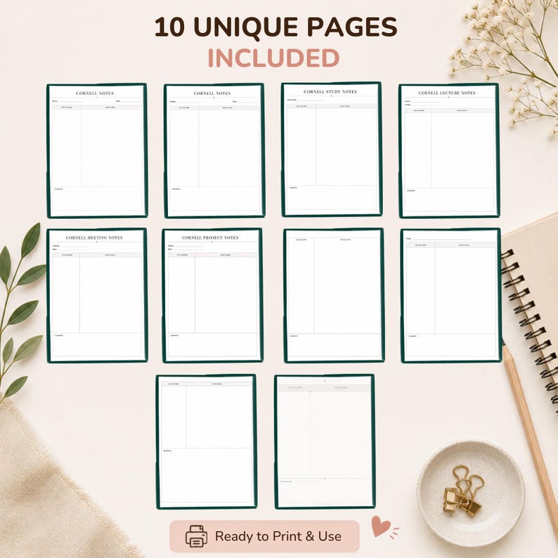May include: A collection of 10 unique Cornell note-taking pages with dark green borders. Each page features a structured layout for subject, topic, date, cues, notes, and summary sections. The text 10 UNIQUE PAGES INCLUDED is at the top.