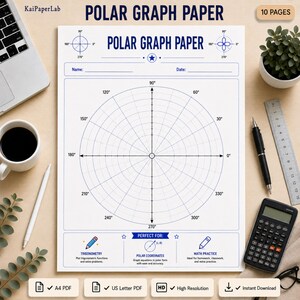 May include: A white sheet of polar graph paper with blue grid lines and markings. The top features the text Polar Graph Paper, a name and date line, and a central circular grid with degree labels from 0 to 330. The bottom section includes icons and text for trigonometry, polar coordinates, and math practice.