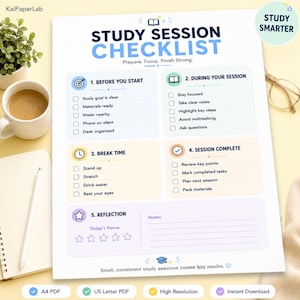 Lista de verificación para sesiones de estudio imprimible, lista de verificación de estudio para estudiantes en PDF, planificador de rutina de estudio, lista de estudio universitaria imprimible, lista de verificación de enfoque, A4 EE. UU.