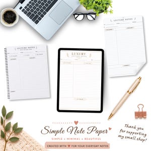 May include: A collection of lecture note templates including a spiral-bound notebook, a digital tablet displaying a luxury lecture notes page, and loose-leaf paper. Also includes a gold pen, a binder clip, a laptop, glasses, and a coffee cup.
