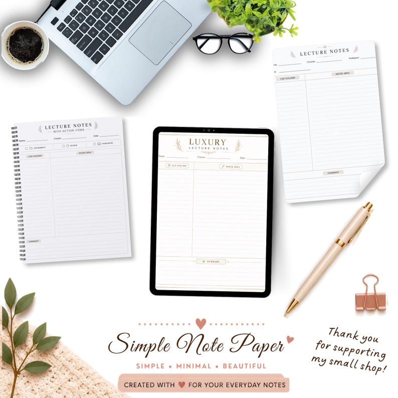 May include: A collection of lecture note templates including a spiral-bound notebook, a digital tablet displaying a luxury lecture notes page, and loose-leaf paper. Also includes a gold pen, a binder clip, a laptop, glasses, and a coffee cup.