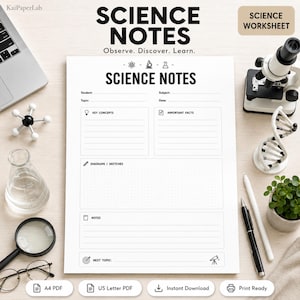 Apuntes de ciencias imprimibles, cuaderno de ciencias, libreta de laboratorio, registro de experimentos, planificador de proyectos STEM, tamaño carta estadounidense A4