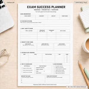 Op de afbeelding: Een wit printbaar Exam Success Planner-blad met zwarte tekst. De secties bevatten Exam Information, My Success Outcome, What I Need To Know, Priority Study Zones, Focused Study Sessions, Test My Knowledge, Exam Readiness en Exam-Day Strategy.