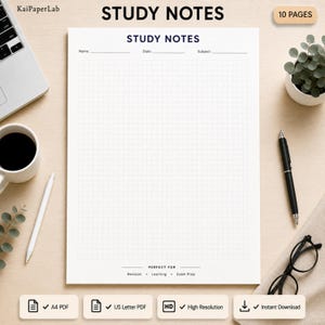 Può includere: Una pagina modello per appunti di studio bianca con un motivo a griglia, con campi per nome, data e materia in alto. Il testo riporta STUDY NOTES in alto e PERFECT FOR Revision, Learning, Exam Prep in basso. È un documento di 10 pagine.