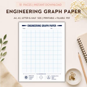 May include: A printable engineering graph paper document featuring a blue grid, a header labeled ENGINEERING GRAPH PAPER, and fields for Project and Date. The bottom section includes icons and text for engineering, drafting, and design specifications.