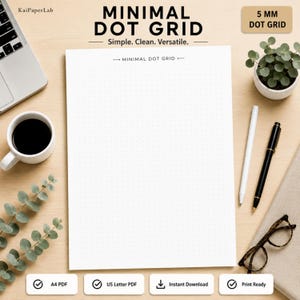 Papel cuadriculado de puntos imprimible, PDF de cuadrícula de puntos minimalista, cuadrícula de puntos ligera, papel para bullet journal, cuaderno cuadriculado, tamaño A4 (tamaño carta estadounidense).
