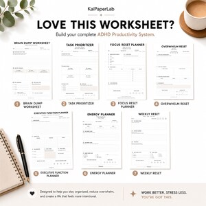 Pode incluir: Uma cole&ccedil;&atilde;o de sete folhas de trabalho de produtividade brancas intituladas Brain Dump, Task Prioritizer, Focus Reset, Overwhelm Reset, Executive Function, Energy Planner e Weekly Reset, com texto, linhas e caixas de sele&ccedil;&atilde;o em preto.