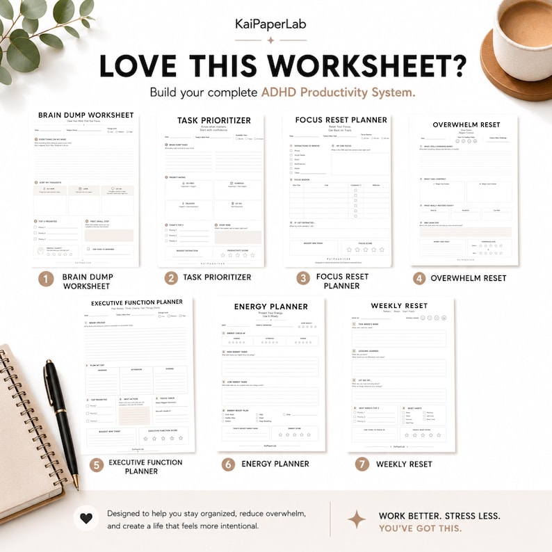 Pode incluir: Uma cole&ccedil;&atilde;o de sete folhas de trabalho de produtividade brancas intituladas Brain Dump, Task Prioritizer, Focus Reset, Overwhelm Reset, Executive Function, Energy Planner e Weekly Reset, com texto, linhas e caixas de sele&ccedil;&atilde;o em preto.