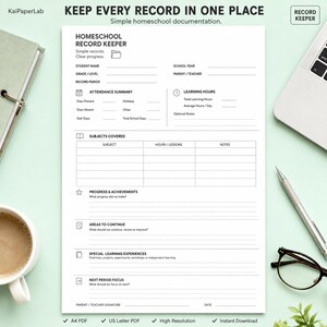 May include: A white paper homeschool record keeper form with black text. Sections include student name, school year, attendance summary, learning hours, subjects covered, progress, areas to continue, special learning experiences, and next period focus.
