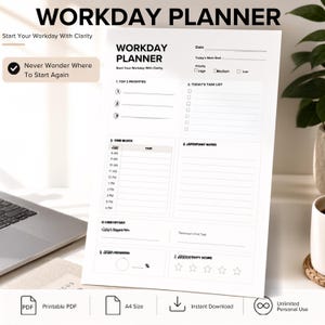 May include: A white workday planner sheet featuring black text and lines. Sections include Top 3 Priorities, Today's Task List, Time Block from 8 AM to 4 PM, Important Notes, End of Day, Work Progress, and Productivity Score with five star icons.