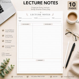 Anotações de aula em PDF para imprimir | Modelo de anotações Cornell | Páginas para anotações de estudantes | Anotações de aulas universitárias | Anotações de estudo para imprimir | Formato Carta (EUA)