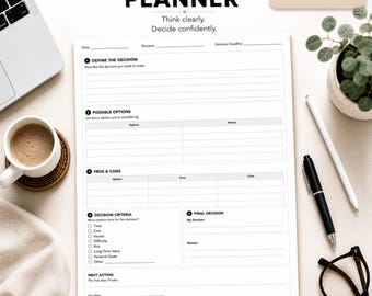 Planificador de decisiones imprimible en PDF. Hoja de trabajo para la toma de decisiones. Lista de pros y contras. Planificador de productividad. Ayuda para la toma de decisiones en personas con TDAH. Descarga instantánea.