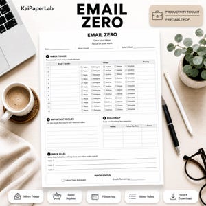 Puede incluir: Una página de planificador de productividad imprimible en blanco titulada EMAIL ZERO con secciones para triaje de correo, respuestas importantes, seguimiento, reglas de bandeja de entrada y estado. Incluye casillas de verificación y líneas.