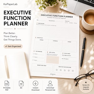 May include: A white paper Executive Function Planner with sections for brain unload, daily planning, top priorities, next actions, focus checks, and a score tracker. The text includes KaiPaperLab, Plan Better, Think Clearly, Get Things Done.