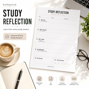May include: A white Study Reflection planner sheet with black text, featuring sections for date, subject, session, biggest win, biggest challenge, what I learned, next improvement, next study goal, and study satisfaction with five star icons.