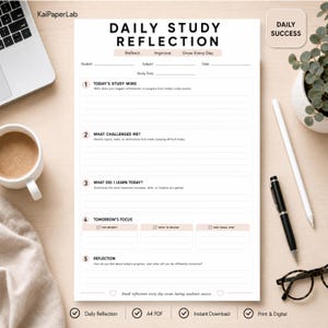 Peut inclure: Une feuille de planification Daily Study Reflection blanche avec du texte noir et des accents rose clair. La page comprend des sections pour l'étudiant, le sujet, la date, le temps d'étude et cinq invites numérotées pour les progrès et réflexions.