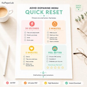 May include: A white ADHD Dopamine Menu Quick Reset chart featuring four pastel-colored sections with checklists for 30 seconds, 2 minutes, 5 minutes, and feel better activities. The document includes icons, text prompts, and a five-star rating scale.
