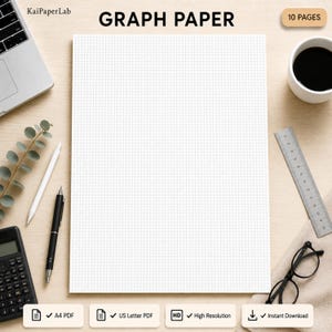 Puede incluir: Una hoja de papel cuadriculado blanco con un patrón de cuadrícula fina, centrada. El texto "KaiPaperLab" y "GRAPH PAPER" aparece en la parte superior, con "10 PAGES" en un recuadro. Iconos indican A4 PDF, US Letter PDF, alta resolución y descarga.