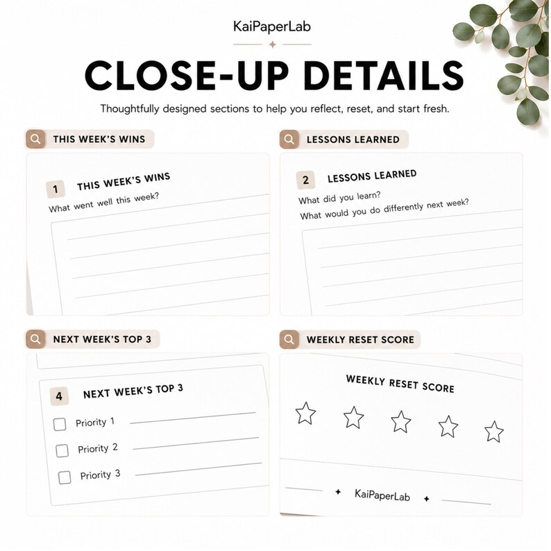 Pode incluir: Uma p&aacute;gina de planejador branca com texto preto intitulada CLOSE-UP DETAILS. Possui quatro se&ccedil;&otilde;es: THIS WEEK'S WINS, LESSONS LEARNED, NEXT WEEK'S TOP 3 com caixas de sele&ccedil;&atilde;o e WEEKLY RESET SCORE com cinco estrelas. O nome da marca KaiPaperLab aparece.
