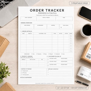 May include: A white printable order tracker sheet with black text titled Order Tracker Process & Fulfill. It includes sections for order details, priority orders, customer follow-up, shipping to prepare, supplies to restock, and notes.