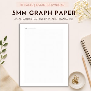 May include: A white sheet of 5mm graph paper with a date line at the top left corner. The text at the top reads 10 PACES | INSTANT DOWNLOAD, 5MM GRAPH PAPER, A4, A5, LETTER & HALF SIZE | PRINTABLE + FILLABLE PDF in dark brown font.