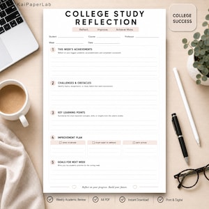 College Study Reflection Worksheet Printable PDF | Student Reflection Sheet | University Study Review | Academic Reflection | College Study