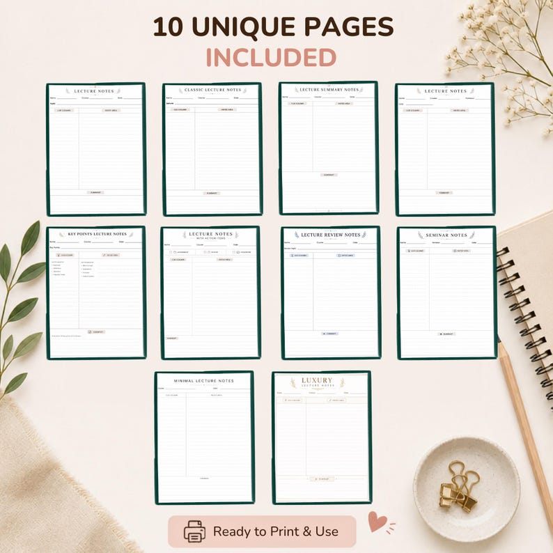 May include: A collection of 10 unique printable lecture note pages featuring various layouts with lined sections, headers for dates and topics, and summary areas. The text 10 UNIQUE PAGES INCLUDED and Ready to Print & Use is visible.