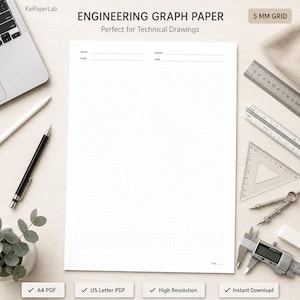 May include: A sheet of white engineering graph paper with a 5 mm grid, featuring fields for name, project, scale, and date. The paper is surrounded by a laptop, pens, a ruler, a triangle, a compass, and a digital caliper on a light surface.