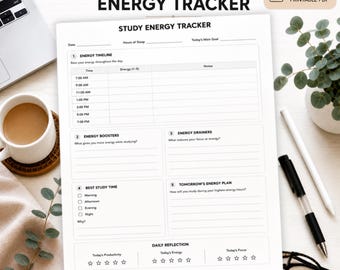 Planificador de energía para el estudio (PDF imprimible) / Planificador de energía para estudiantes / Planificador de estudio para personas con TDAH / Rastreador de productividad / Hoja de trabajo para el estudio universitario