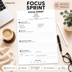 Może przedstawiać: Biała strona planera Focus Sprint w formacie PDF do druku z sekcjami Before You Start, Sprint Task, Distractions to Ignore oraz Sprint Reflection. Dokument zawiera pola wyboru dotyczące czasu trwania sprintu, realizacji zadań i pięciogwiazdkowej oceny.