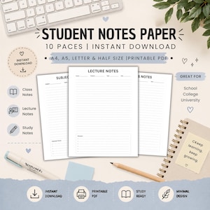 Op de afbeelding: Een digitale, printbare set notitiepapier voor studenten met drie witte vellen met zwarte tekst. De pagina's bevatten koppen voor collegeaantekeningen, onderwerpen en studieaantekeningen met schrijflijnen. Het ontwerp toont labels voor A4, A5, letter en half-letter formaten.