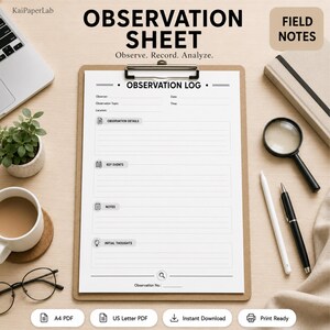 Observation Sheet Printable, Observation Log, Field Notes Template, Research Observation, Science Observation, A4 US Letter