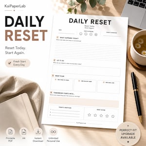 Daily Reset Planner Printable PDF | ADHD Planner | Daily Reflection Worksheet | Mental Reset Planner | Productivity Printable