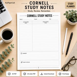 Printbaar sjabloon voor Cornell-aantekeningen, Cornell-studienotities in PDF-formaat, studienotities, revisienotities, aantekeningen maken voor studenten, A4 US Letter-formaat