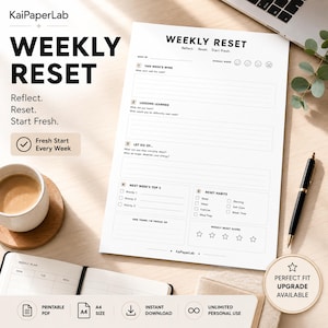 Pode incluir: Uma folha de planeamento semanal branca intitulada Weekly Reset com sec&ccedil;&otilde;es para sucessos, li&ccedil;&otilde;es aprendidas, coisas a deixar ir, prioridades e rastreio de h&aacute;bitos, incluindo linhas para escrever, caixas de verifica&ccedil;&atilde;o e cinco estrelas.