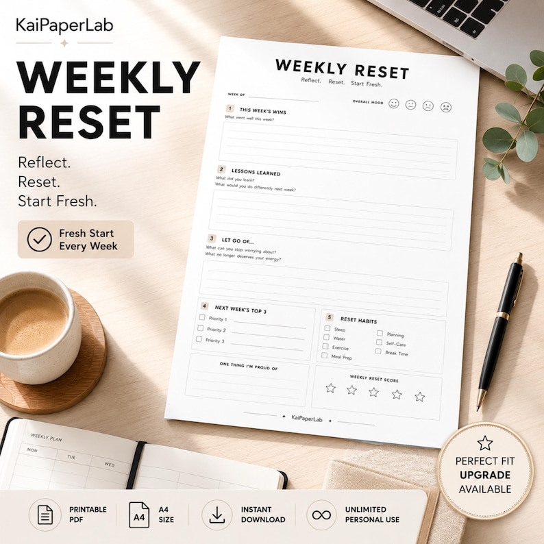 Pode incluir: Uma folha de planeamento semanal branca intitulada Weekly Reset com sec&ccedil;&otilde;es para sucessos, li&ccedil;&otilde;es aprendidas, coisas a deixar ir, prioridades e rastreio de h&aacute;bitos, incluindo linhas para escrever, caixas de verifica&ccedil;&atilde;o e cinco estrelas.