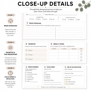 May include: A white daily planner page featuring sections for date, main goal, available time, and focus level. It includes numbered areas for brain download, prioritising tasks, breaking down steps, removing barriers, focus sprints, and end of day reflection.