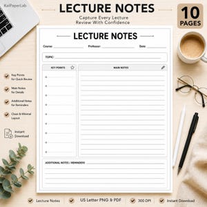 Lecture Notes Printable PDF | Student Note Taking Template | College Lecture Notes | Study Planner | Exam Review Notes |  US Letter