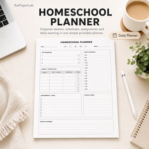 May include: A white printable homeschool planner sheet with black text and lines. The layout includes sections for top priorities, subject lesson plans, a daily schedule from 7:00 to 8:00, assignments, tasks, notes, ideas, and a journal section.