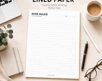 Papel rayado de renglón ancho imprimible en PDF / Papel para cuaderno de renglón ancho / Papel de escritura imprimible / Notas de renglón ancho / Papel imprimible A4