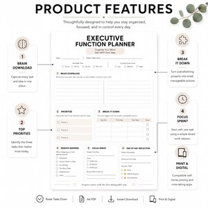May include: An Executive Function Planner template featuring sections for brain download, top priorities, breaking down tasks, removing barriers, focus sprints, and end of day reflection. The white page includes black text and lines for daily organisation.