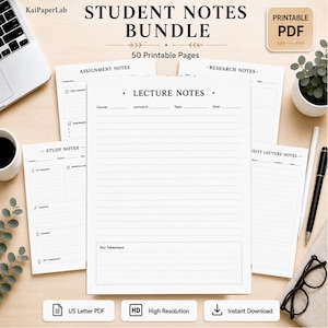 Pacchetto di appunti per studenti stampabile, appunti per il college, appunti universitari, pianificatore di compiti, appunti di ricerca in PDF, 50 pagine