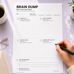 Puede incluir: Una hoja de planificador de tipo brain dump de papel blanco con texto y líneas en negro. El encabezado dice BRAIN DUMP, Get it out of your head. Las secciones incluyen Things to Do, Things to Remember, Thoughts & Ideas, Worries & Mental Clutter, What Matters Most y One Small Next Step.