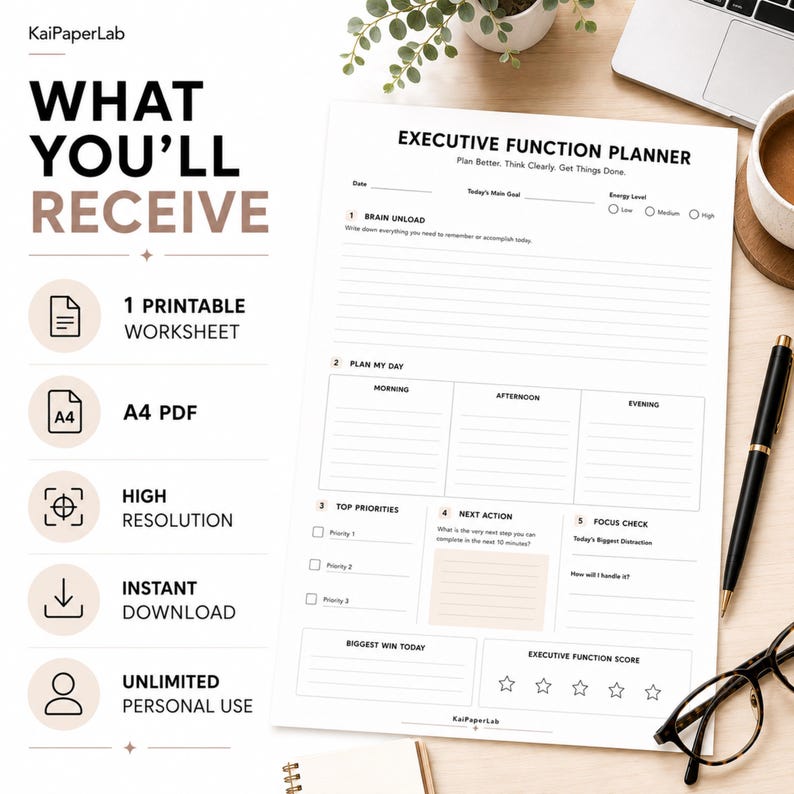 May include: A white Executive Function Planner worksheet with black text, featuring sections for brain unloading, daily planning, top priorities, next actions, and focus checks. The document includes five star icons for scoring and is labeled as an A4 PDF.