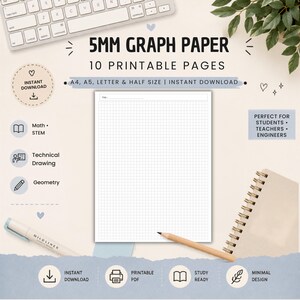May include: A digital 5mm graph paper template featuring 10 printable pages in A4, A5, letter, and half-letter sizes. The white page has a grid pattern with a title line at the top. The design includes icons for math, STEM, and technical drawing.