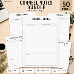 Cornell-Notizen-Paket zum Ausdrucken, Vorlage für Cornell-Notizen, Lernnotizen, Vorlesungsnotizen (PDF), Studentennotizen, 50 Seiten