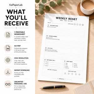 Pode incluir: Uma folha de trabalho semanal imprim&iacute;vel em formato A4 com se&ccedil;&otilde;es para conquistas, li&ccedil;&otilde;es aprendidas, coisas para deixar ir, prioridades e rastreamento de h&aacute;bitos. O documento inclui o texto Weekly Reset, Reflect, Reset, Start Fresh e KaiPaperLab.