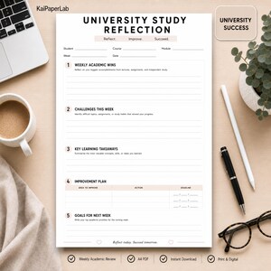 May include: A white University Study Reflection planner page featuring sections for Weekly Academic Wins, Challenges This Week, Key Learning Takeaways, Improvement Plan, and Goals for Next Week. The document includes fields for student, course, module, week, and date.