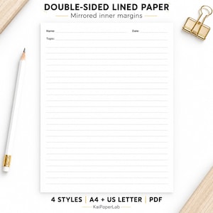 May include: A sheet of double-sided lined paper with mirrored inner margins, featuring fields for Name, Date, and Topic. The paper is accompanied by a white pencil and a gold binder clip, with text reading DOUBLE-SIDED LINED PAPER and 4 STYLES A4 + US LETTER PDF.